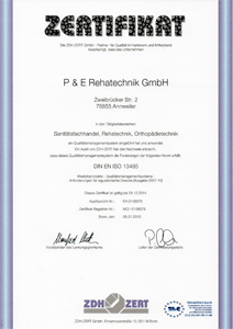 Zertifikat DIN EN ISO 13485 für Sanitätsfachhandel, Rehatechnik, Orthopädietechnik