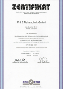 Zertifikat DIN EN ISO 9001 für Sanitätsfachhandel, Rehatechnik, Orthopädietechnik